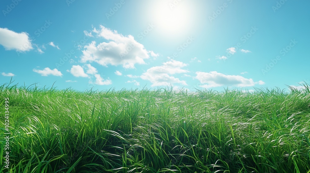 A sunny day with a blue sky and white clouds above a lush green field of grass. A sunny day with a blue sky and white clouds above a lush green field of grass.