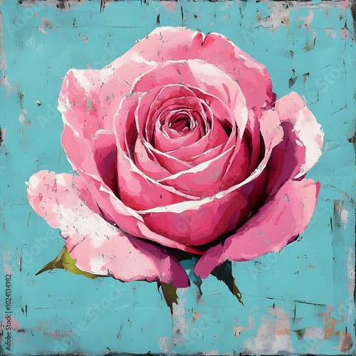 Abstract pink rose in graffiti style on a worn teal background, dynamic brushstrokes and spray paint blending urban culture and floral beauty photo