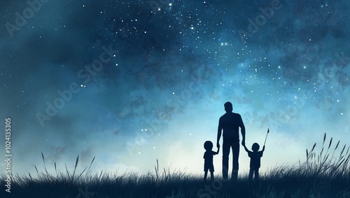 man two children standing field under stars illustration reduce duplicate caring fatherly wide forehead particles banner inspiring kid unconnected humanization photo