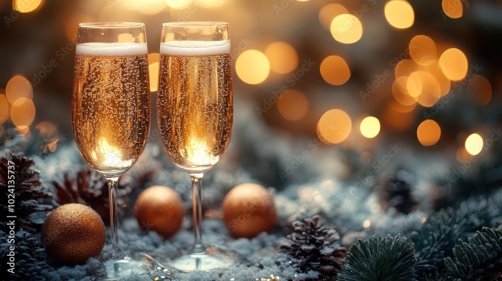 glasses of sparkling champagne clink together in a festive atmosphere surrounded by twinkling lights and shimmering decorations celebrating joy and warmth of the holiday season