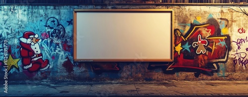 A Christmas street art background featuring a large blank notepad hanging on a graffiticovered wall photo