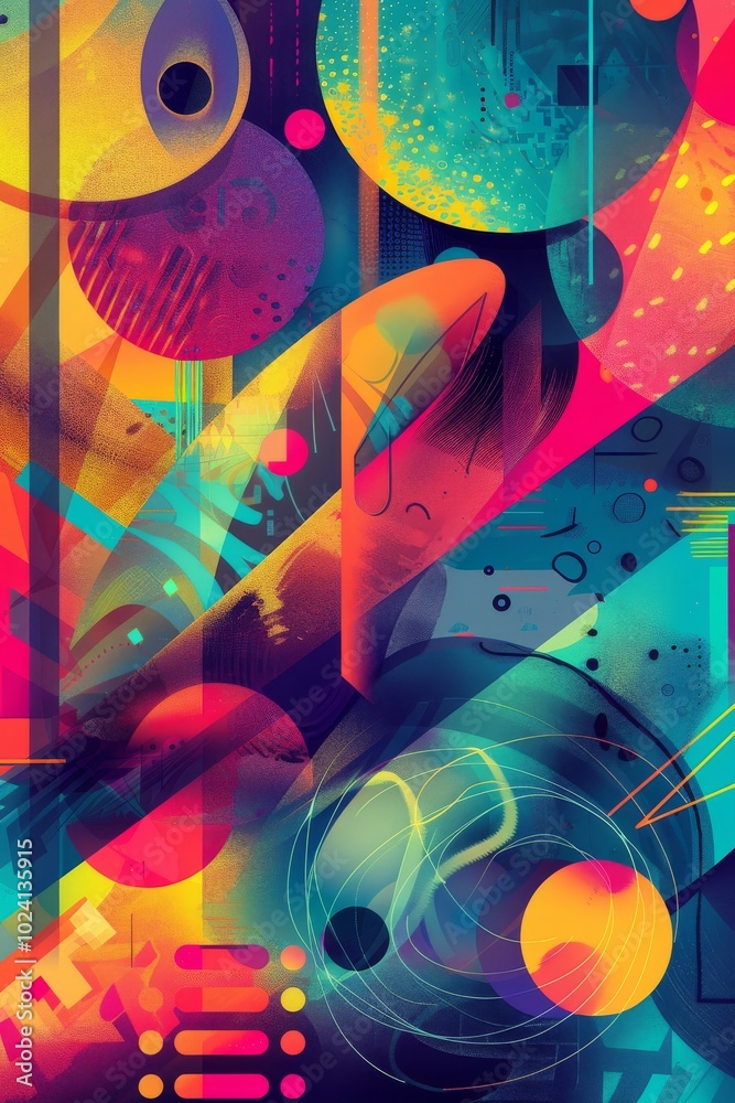 A colorful abstract painting with many different shapes and sizes A colorful abstract painting with many different shapes and sizes