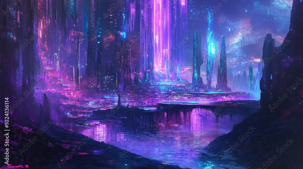 Fototapeta premium A cyber paintbrush illuminated by purple and blue neon, painting a digital landscape filled with futuristic designs