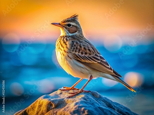 Oiseau seul tarier patre sur un rocher à la plage, lumière du jour, couleur de face, plan rapproché photo