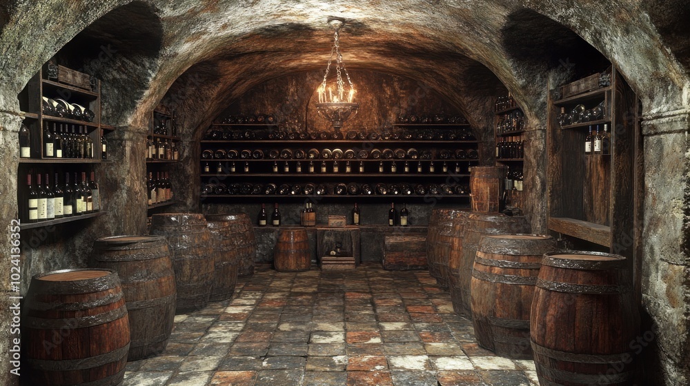 A rustic wine cellar featuring shelves of bottles and wooden barrels. A rustic wine cellar featuring shelves of bottles and wooden barrels.