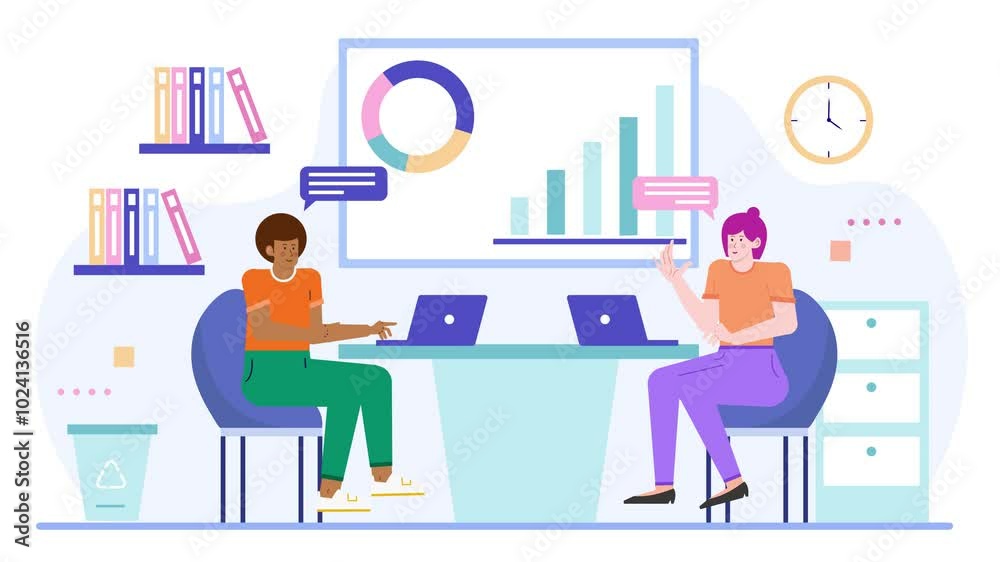 Two people engage in a business meeting illustration featuring laptops bar graphs and a pie chart illustration animated video Two people engage in a business meeting illustration featuring laptops bar graphs and a pie chart illustration animated video