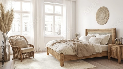 Sunny bedroom with a wooden bed, a rattan armchair, and a window. Soft beige wall background, a mockup interior
