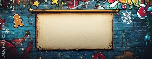 A Christmas street art background featuring a large blank notepad hanging on a graffiticovered wall photo