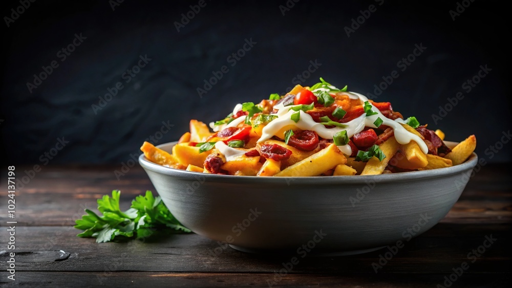 Loaded fries in a bowl on dark background Loaded fries in a bowl on dark background