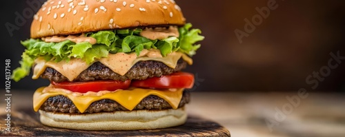 Double-stacked cheeseburger with lettuce, tomato, and special sauce, street food ambiance, close-up shot