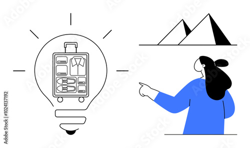 Person pointing towards two pyramids. Ideal for travel planning, vacation ideas, packing tips, adventure, cultural experiences. Simple and clean style