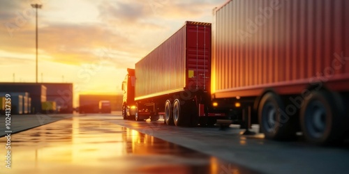 A truck is unloading cargo at a warehouse as the sun sets.