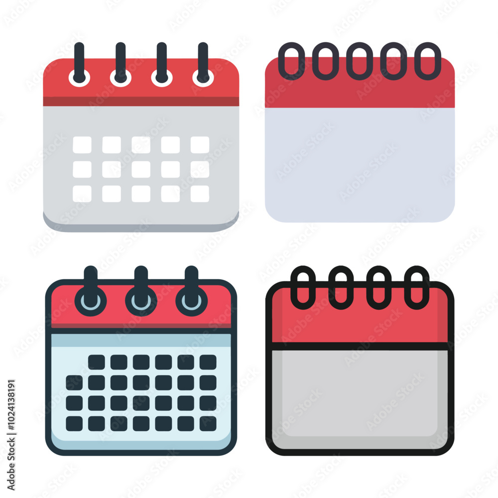 Modern Calendar Icons - Red Top with Editable Vector Format