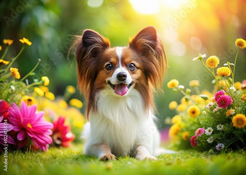 Playful Papillon Dog Enjoying a Sunny Day on a Lush Green Lawn with Vibrant Flowers in the Background