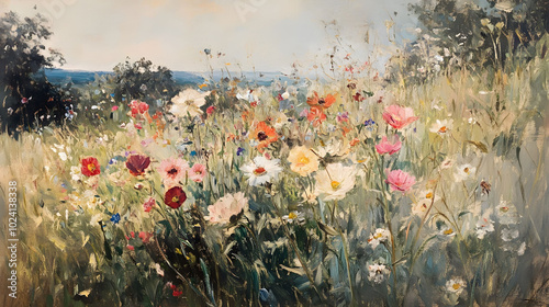Victorian Meadow Serenity, an oil painting capturing an English meadow adorned with wildflowers, evoking the elegance of Sargent and Tissot.