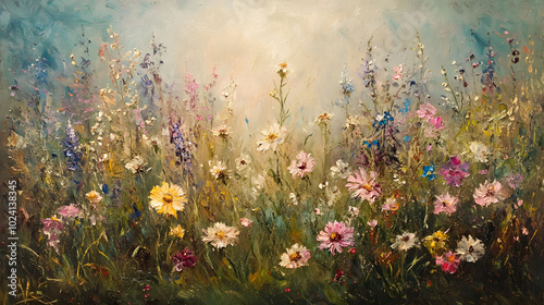 Victorian Meadow Serenity, an oil painting depicting an English meadow adorned with wildflowers, evoking the elegance of classic artistry.