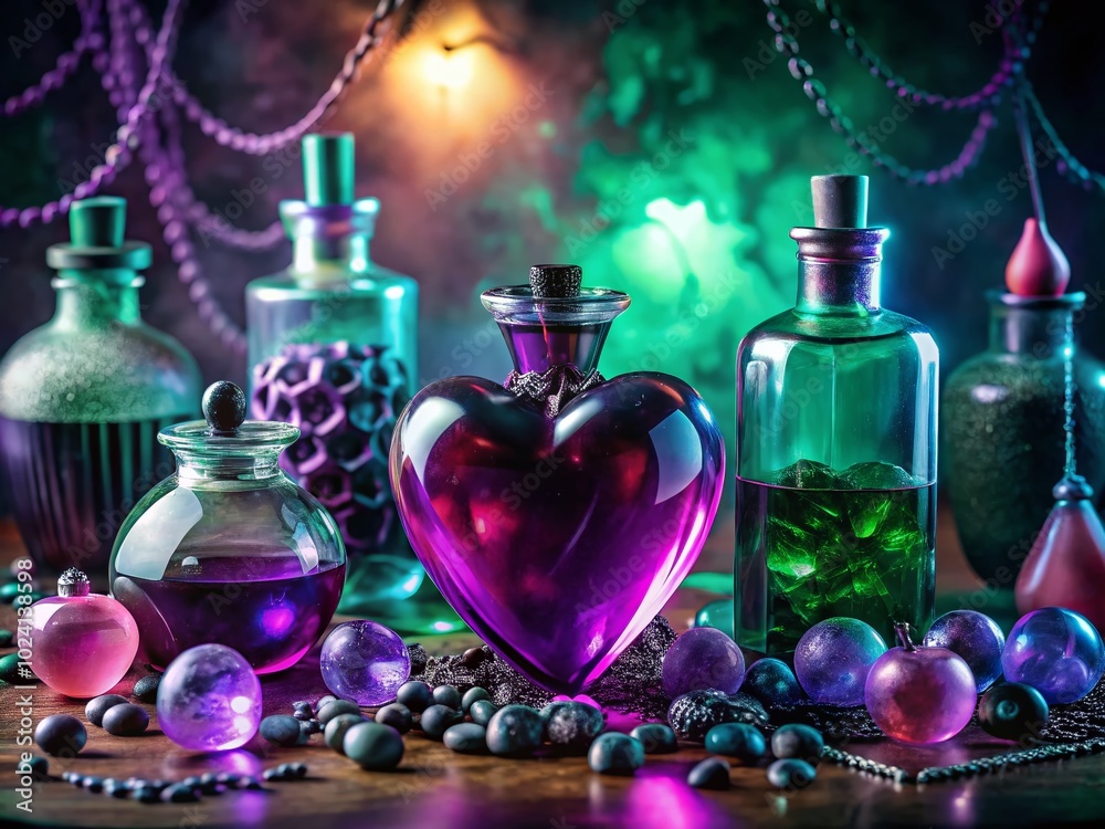 Posh Gothic Halloween Background with Heart-Shaped Poison Bottles and Magical Crystals in Purple, Black, and Mint Posh Gothic Halloween Background with Heart-Shaped Poison Bottles and Magical Crystals in Purple, Black, and Mint