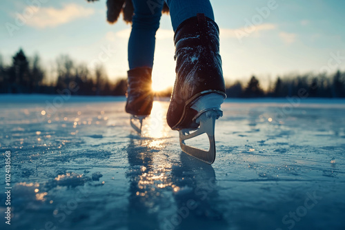 close up Ice skater skating outdoors on a frozen lake photo