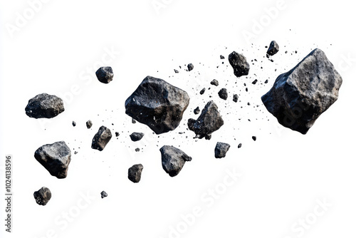 Flying asteroids cut out transparent isolated white background