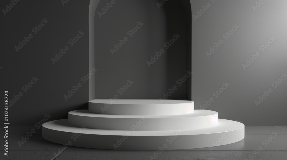 Fototapeta premium White Circular Platform with Archway in Grey Room