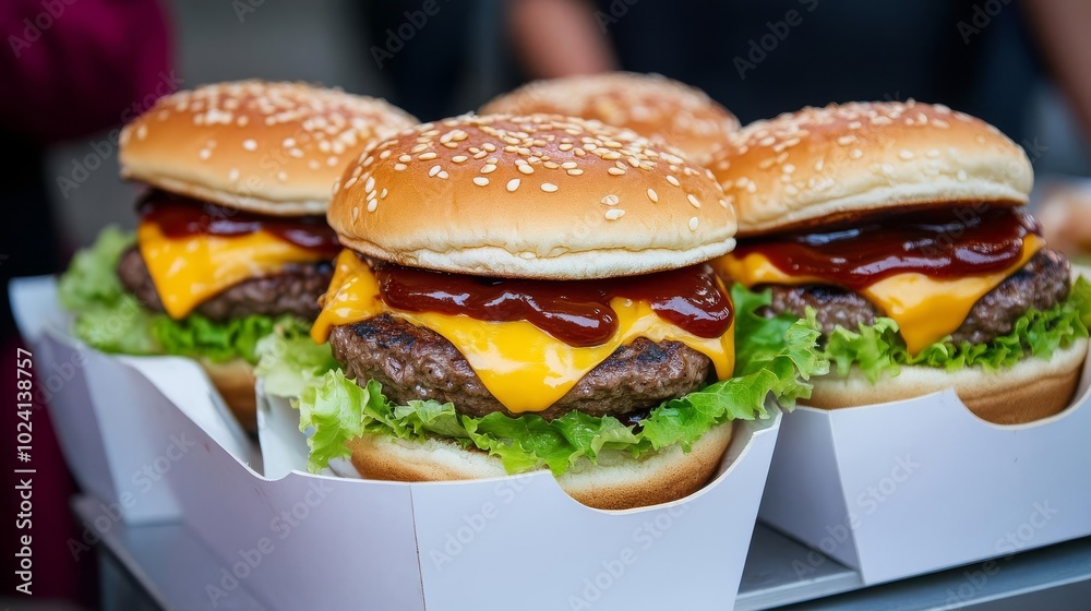 Juicy beef burger with extra cheese, lettuce, and BBQ sauce, vibrant street food stall, night market Juicy beef burger with extra cheese, lettuce, and BBQ sauce, vibrant street food stall, night market