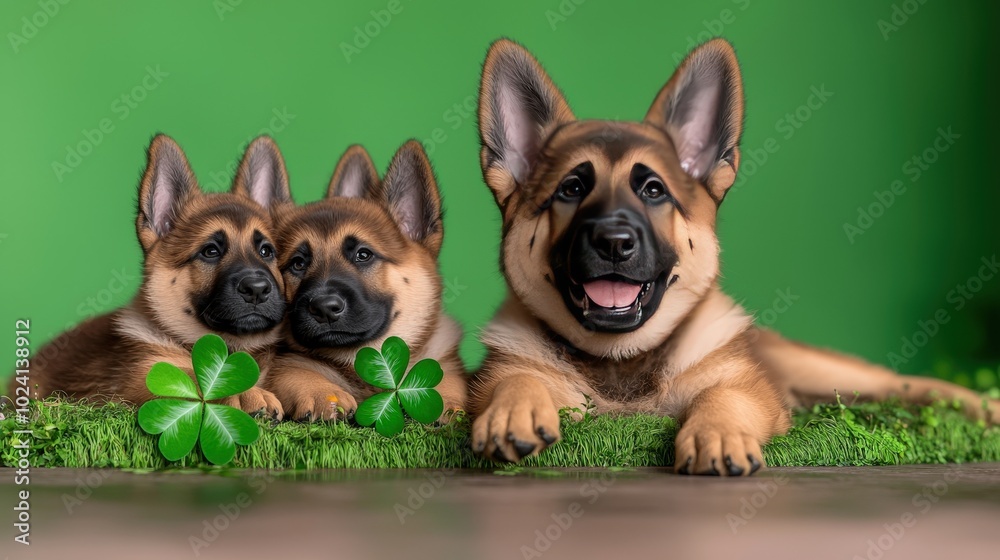 Obraz premium Cute German Shepherd Puppies with Shamrock Clover on Green Grass