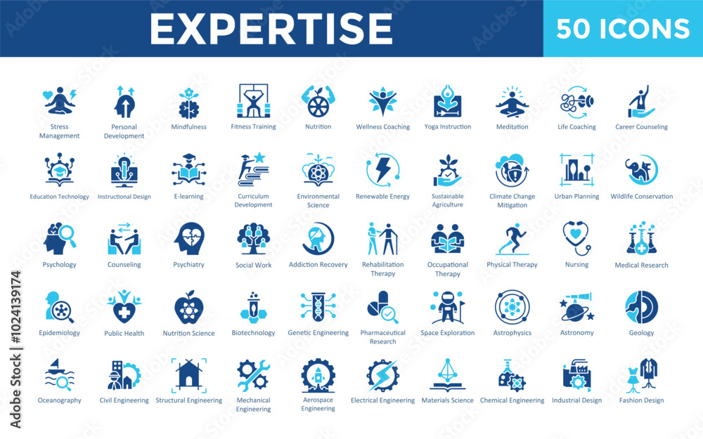 Naklejka premium Expertise icon set with stress management, personal development, mindfulness, fitness training, nutrition, wellness coaching, yoga instruction, meditation, life coaching icon. Simple flat vector 