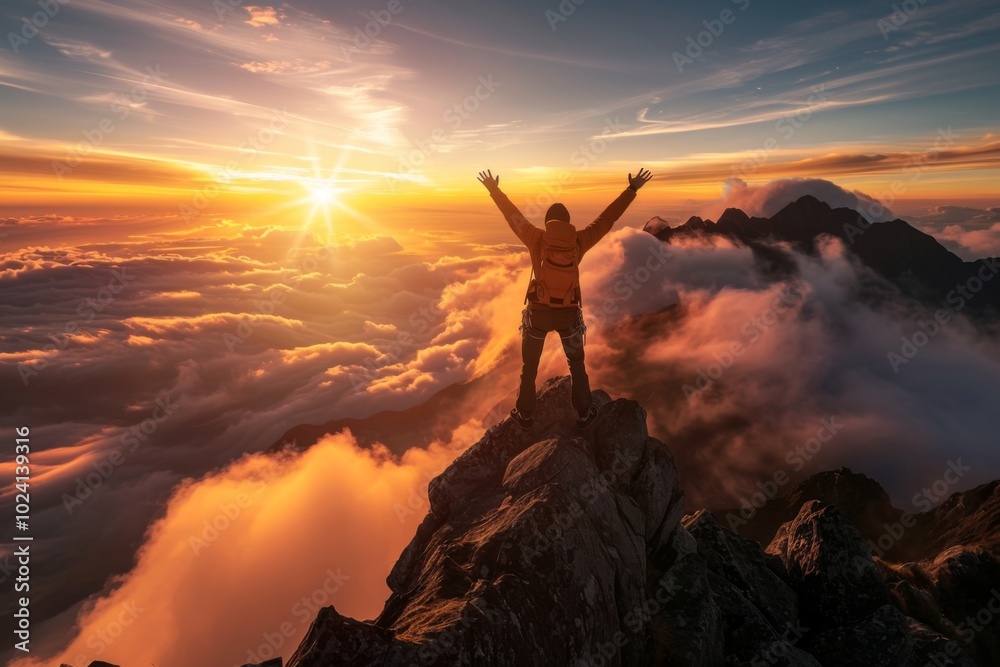 Enjoying the view, a climber raises his arms in triumph. Enjoying the view, a climber raises his arms in triumph.