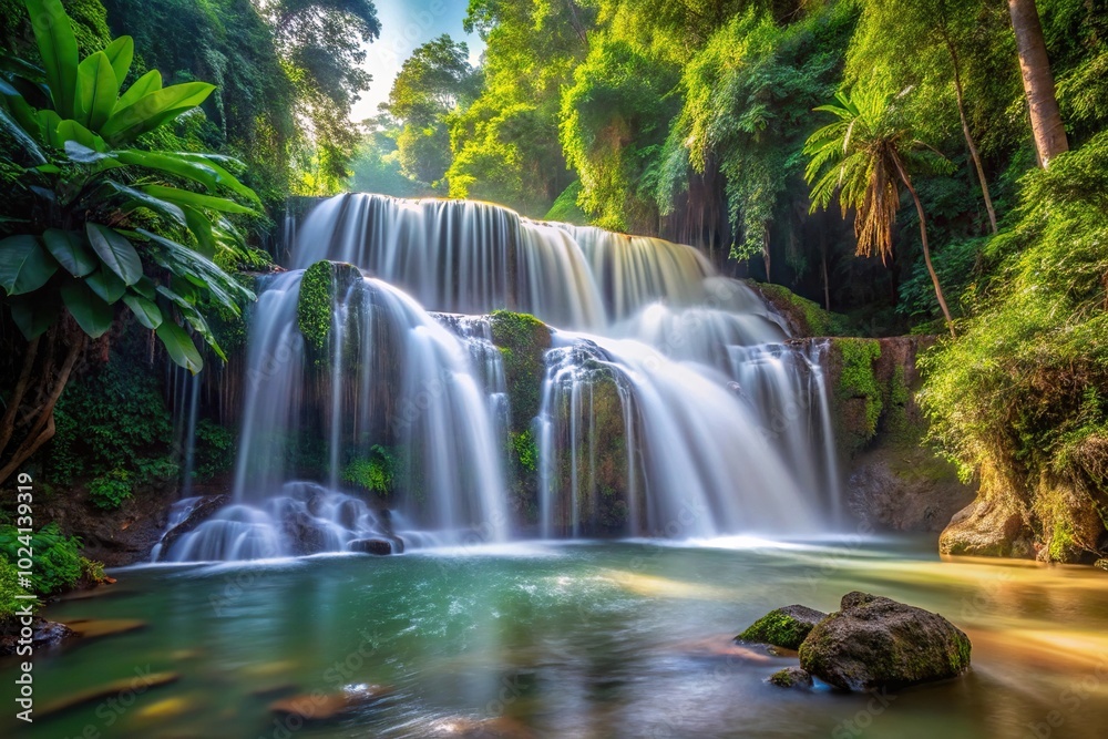Fototapeta premium Long exposure close-up photo of a waterfall in a jungle