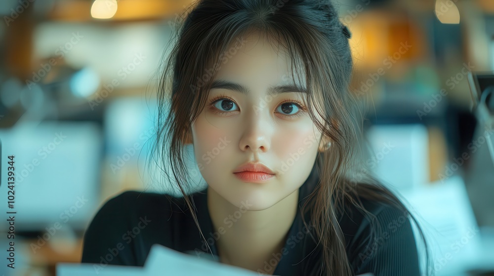 young asian businesswoman deep in thought focused on problemsolving surrounded by gadgets and papers in a modern office space embodying determination and professionalism young asian businesswoman deep in thought focused on problemsolving surrounded by gadgets and papers in a modern office space embodying determination and professionalism