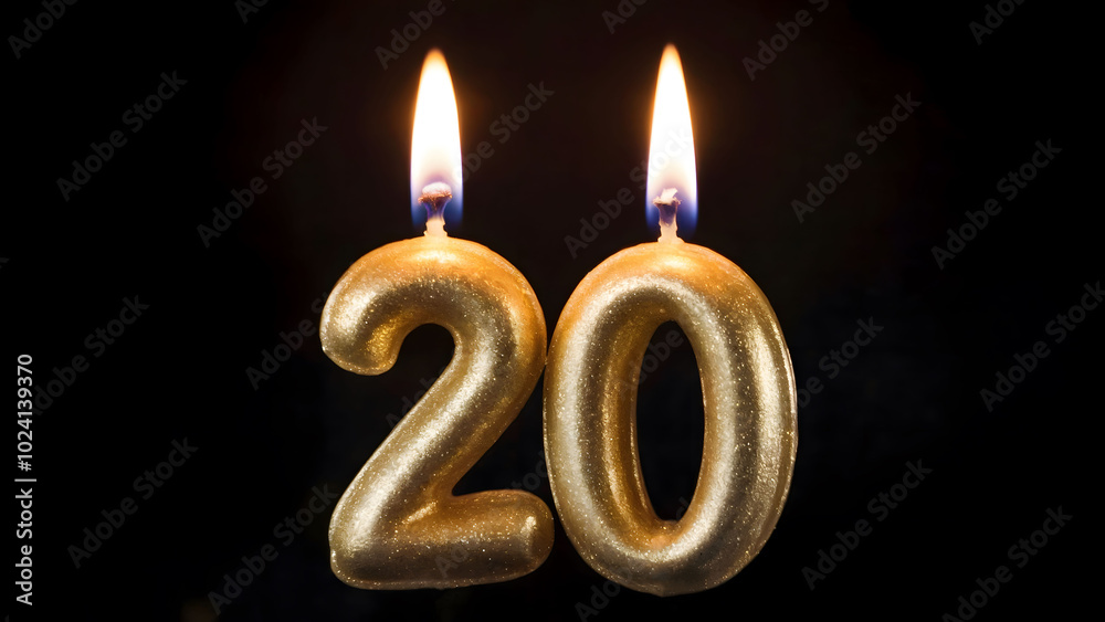 Golden Number 20 Birthday Candle with Two Flames on Dark Background for a 20th Birthday or Anniversary Celebration Golden Number 20 Birthday Candle with Two Flames on Dark Background for a 20th Birthday or Anniversary Celebration