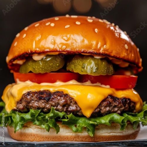 Juicy cheeseburger with lettuce, tomato, and pickles, close-up, urban background, night scene