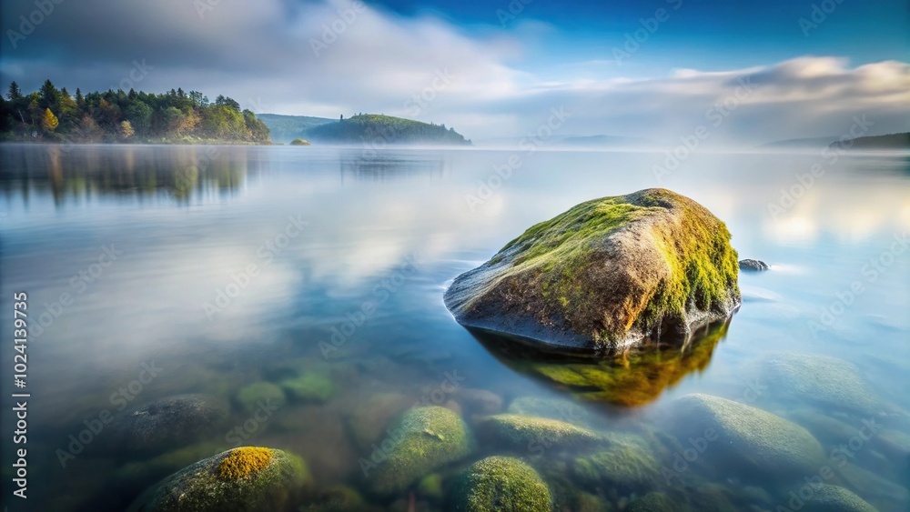 Fototapeta premium Long exposure of water around rock in lake with foggy background and seaweed