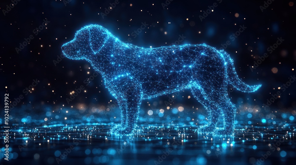 A digital rendering of a dog silhouette made of glowing blue lines and dots on a black background with bokeh. A digital rendering of a dog silhouette made of glowing blue lines and dots on a black background with bokeh.