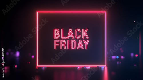 Elegant Black Friday Neon Sign, glowing red text centered above a dark backdrop, exuding luxury and sophistication for retail promotions.