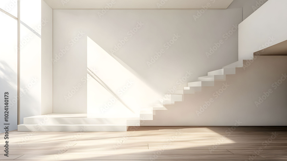 Obraz premium Modern minimalist interior, white walls, sleek wooden flooring, abundant natural light, serene and airy atmosphere, contemporary elegance