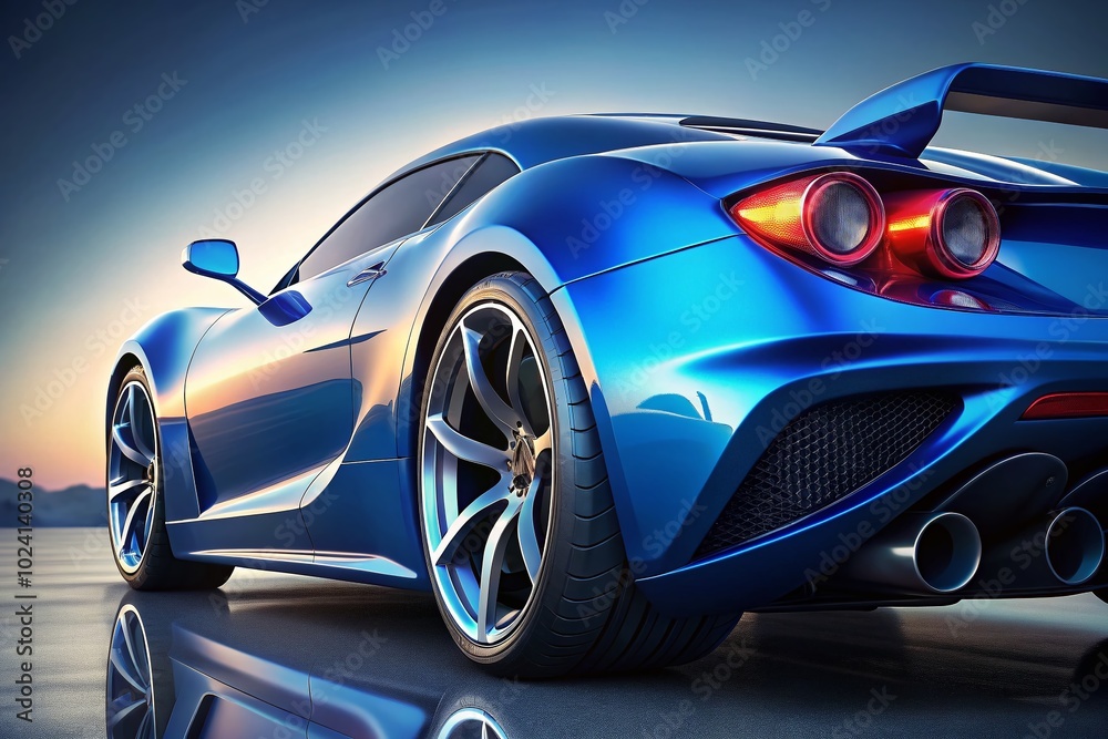 Rear View of a Luxury Blue Super Sports Car with Detailed Suspension and Exhaust Pipe Rear View of a Luxury Blue Super Sports Car with Detailed Suspension and Exhaust Pipe