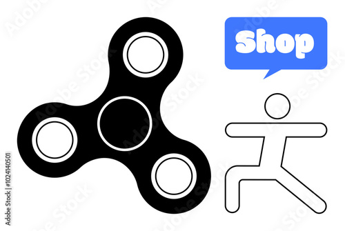 Black fidget spinner next to a stick figure with a blue speech bubble containing the word Shop. Ideal for toy stores, shopping icons, playful graphics, childrens products, online marketplaces