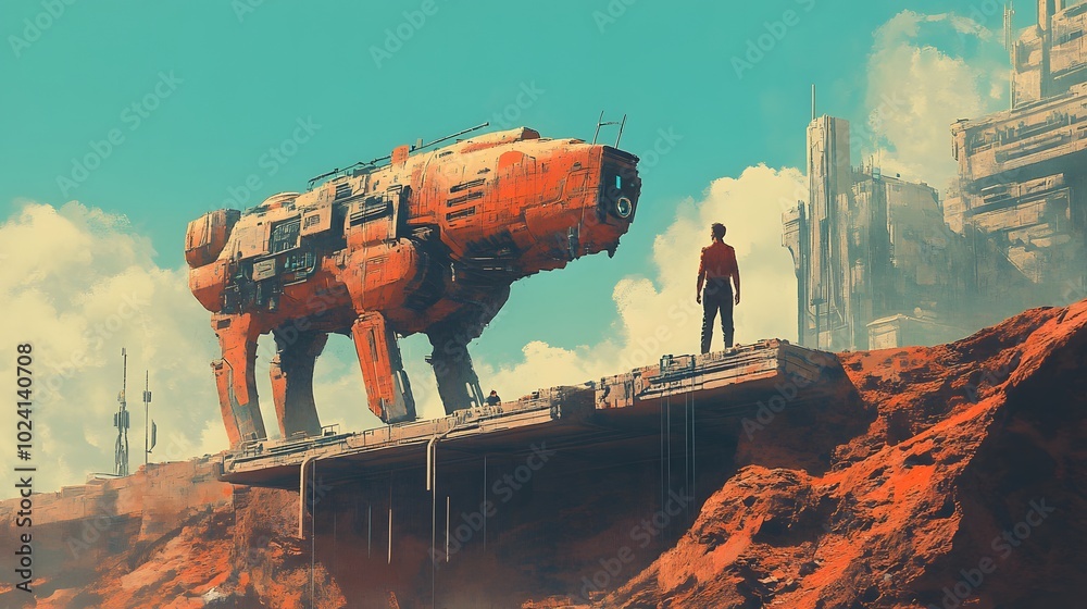 the man and his mechanized horse standing on rooftop building in futuristic planet, digital art style, illustration painting. the man and his mechanized horse standing on rooftop building in futuristic planet, digital art style, illustration painting.