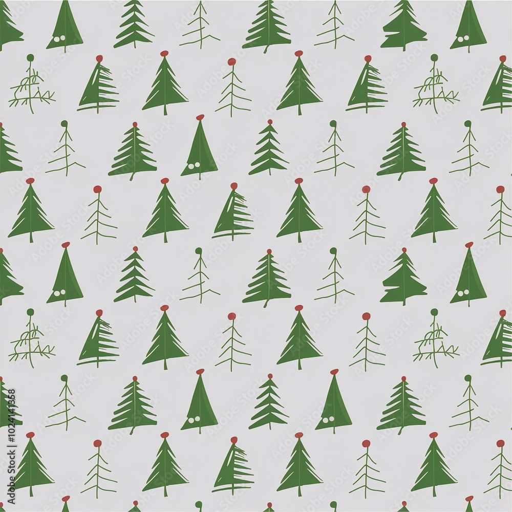 Obraz premium Whimsical doodle seamless pattern of green Christmas trees and festive simple evergreens on a light gray background for winter holidays.