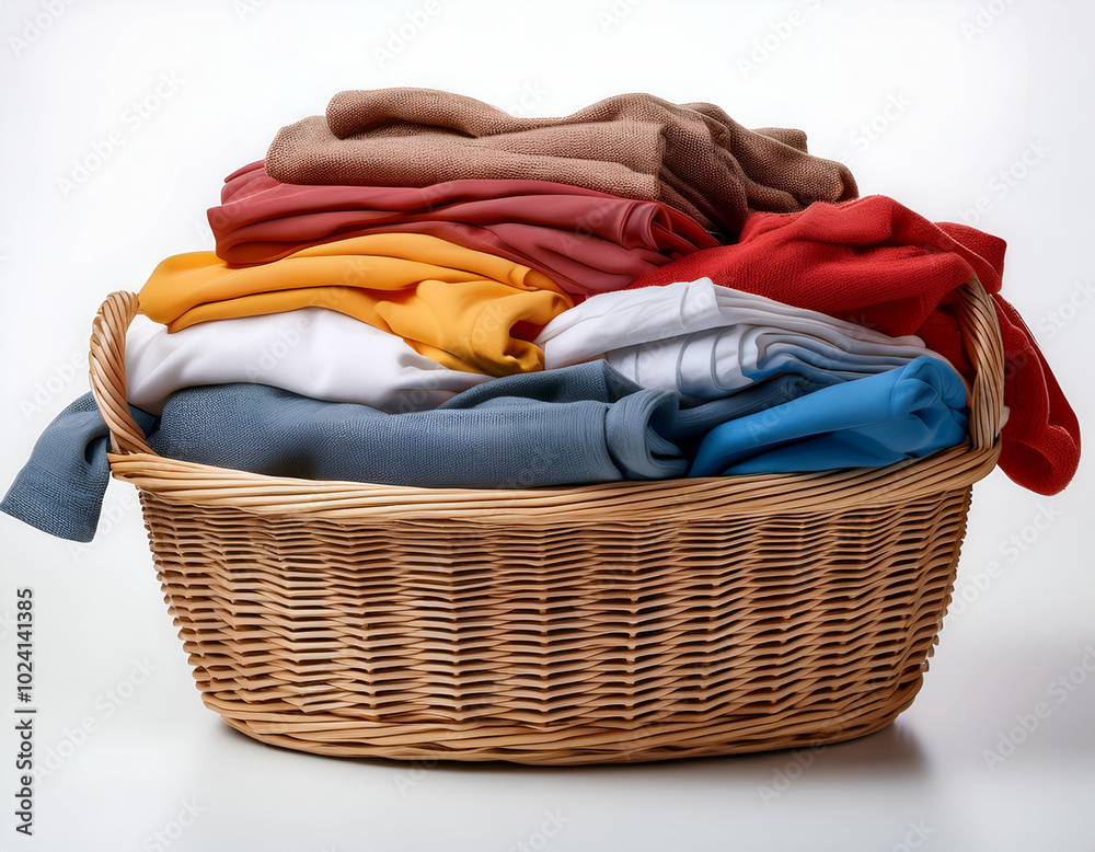 custom made wallpaper toronto digital wicker basket full of colorful clean clothes against a stark white background, highlighting fabric folds and basket textures in high definition.