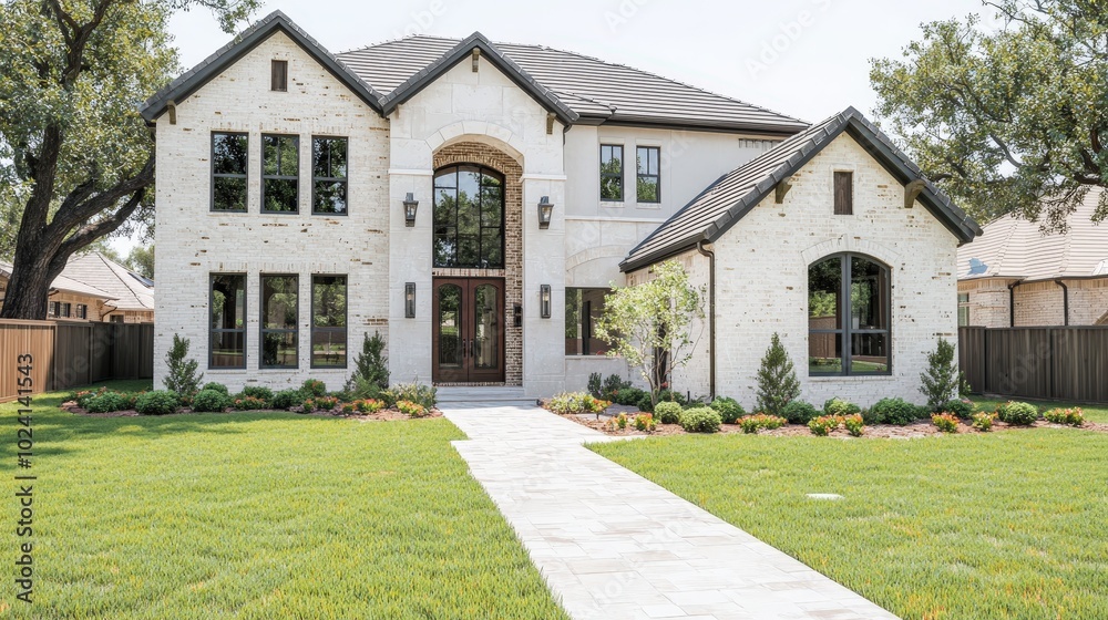 Obraz premium Modern Brick Home with Lush Lawn and Walkway