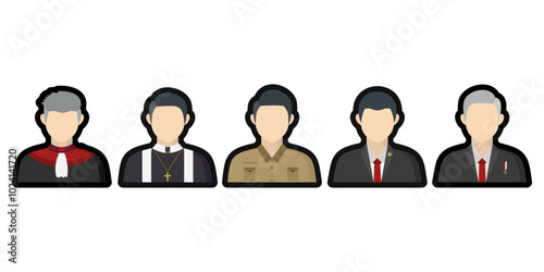 Leadership and Public Service Flat Icons, President, Teacher, Lawyer, Pastor, and Prosecutor