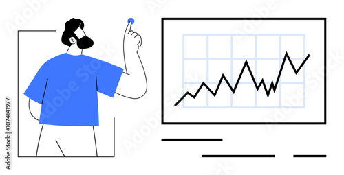 Man pointing at upward graph on a screen. Ideal for business planning, market analysis, presentations, growth strategies, financial reports. Clean and minimal style