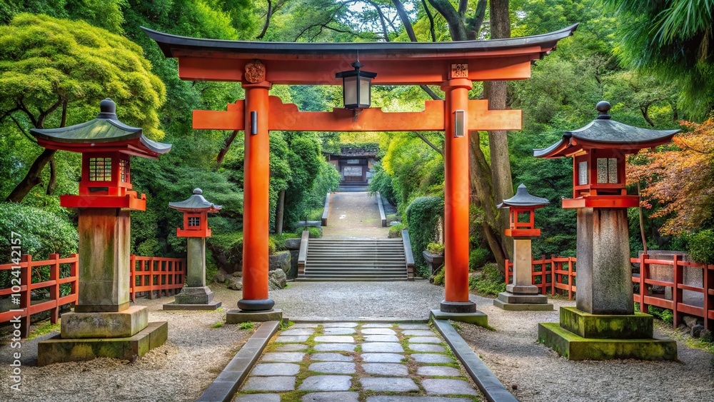 Long shot of a Japanese shrine with red torii gate and stone lantern Long shot of a Japanese shrine with red torii gate and stone lantern