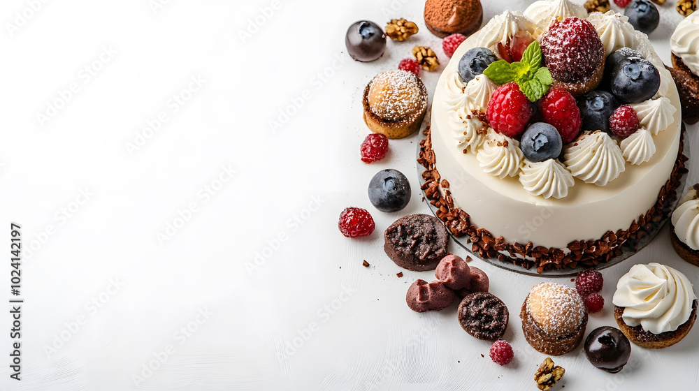 Intricate Cake Design with Ample White Space, Showcasing Elaborate Details and Textures, Ideal for Culinary Presentations and Marketing Intricate Cake Design with Ample White Space, Showcasing Elaborate Details and Textures, Ideal for Culinary Presentations and Marketing