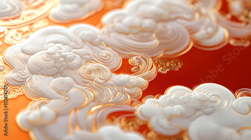 Cloisonne Enamel Artistry, white and orange patterns on red background, golden glow highlights intricate cloud designs, high detail, vibrant textures