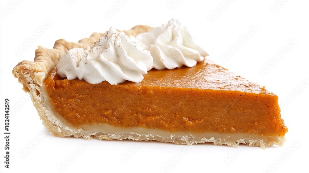 A slice of pumpkin pie with whipped cream on top A slice of pumpkin pie with whipped cream on top