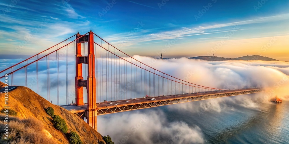 Obraz premium Long shot of Golden Gate Bridge covered in fog during winter in San Francisco, USA