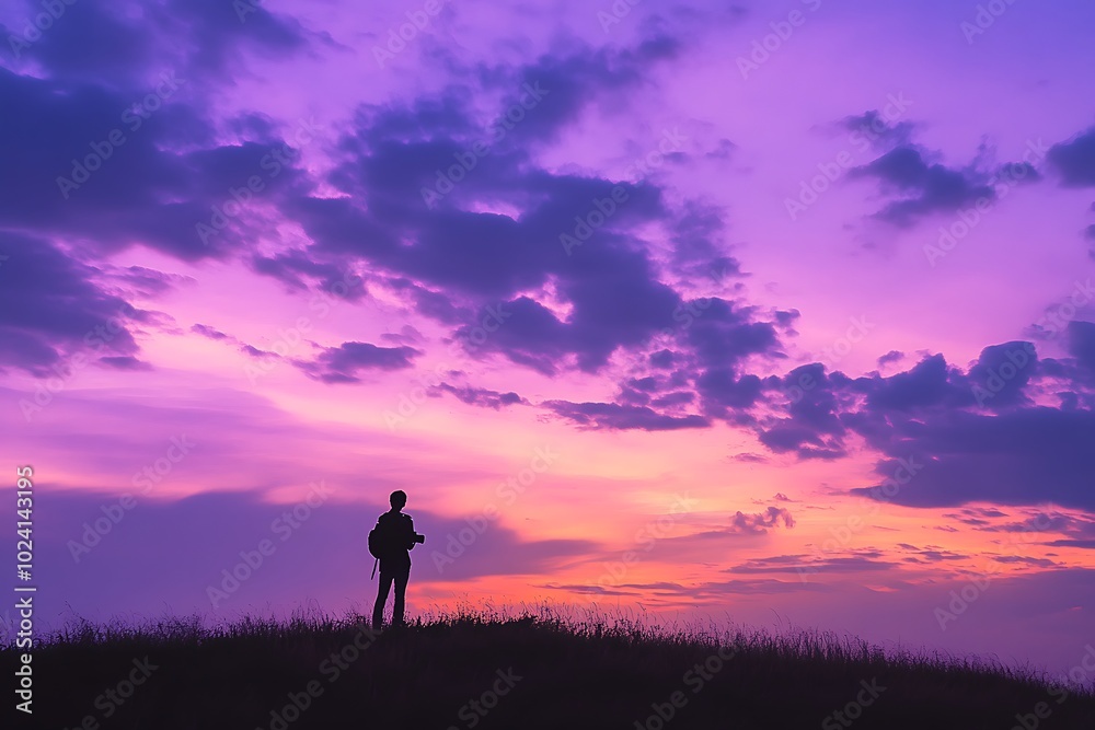 A striking silhouette of a person standing on a hill against a purple sunset, symbolizing contemplation, solitude, and the beauty of nature's quiet moments. A striking silhouette of a person standing on a hill against a purple sunset, symbolizing contemplation, solitude, and the beauty of nature's quiet moments.